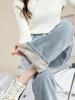 High-Waisted Black-Grey Fleece-Lined Wide-Leg Denim Pants for Women, Autumn/Winter 2025, Perfect for Junior High and High School Students