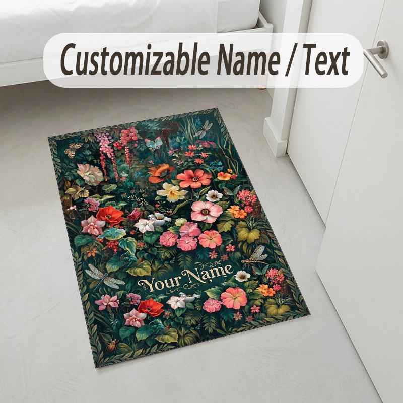 Floral Fantasy Garden Theme Soft Crystal Velvet Rug Custom Name & Text Print Non Slip Floor Rug for Bedroom Living Room