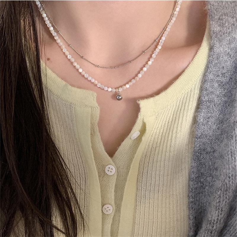 S925 Sterling Silver Double Layer White Shell Round Ball Necklace - Minimalist High-End Korean Spring/Summer Design.