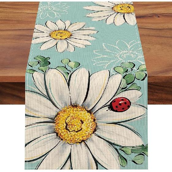 Spring Summer Daisy Flower Placemats Set of 4, Floral Eucalyptus Leaves Blue Dining Place Mats Table Decor, Ladybug Seasonal Home Kitchen Decoration