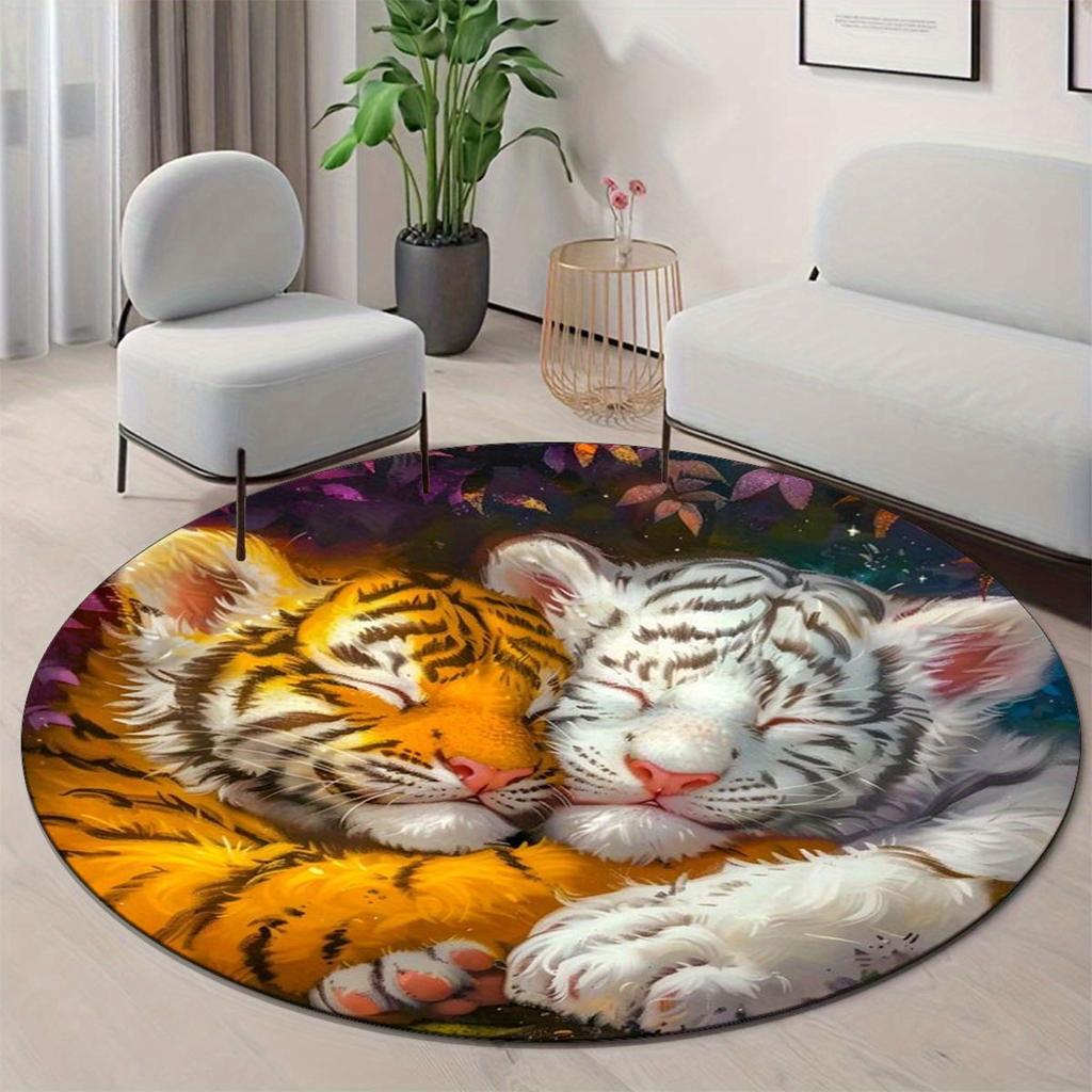 1Pcs Tiger Pattern Round Area Rug Indoor Non-Slip Washable Fiber Carpet Soft Comfortable Mat For Bedroom Living Room