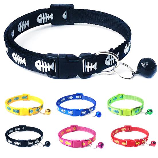 Pets Dog Cat Fish Bone Print Bell Buckle Adjustable Collar Necklace Neck Strap