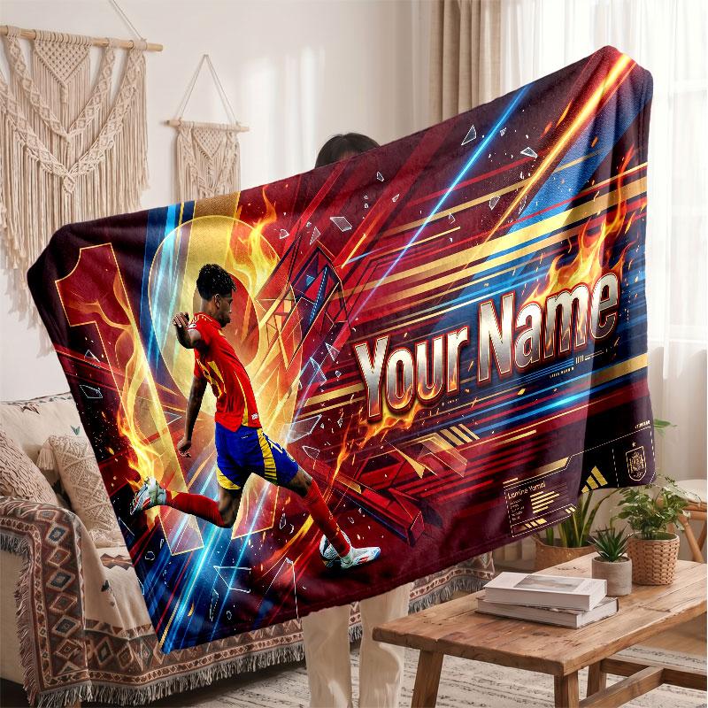 Lamine Yamal Personalized Fleece Blanket With Football Logo, Custom Name Text Soft Warm Home Throw Blanket