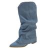 Women's Retro Blue Pleated Cowboy Boots Pointed Toe 5cm Square Heel Middle Heels Women Shoes Knee High Boots Large Size 35-42