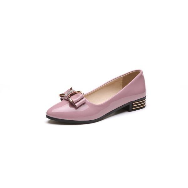 Women's Pointed Toe Low Heel Pumps PU Leather Bow Rhinestone Decor Slip on Flats Comfortable Block Heel Shoes