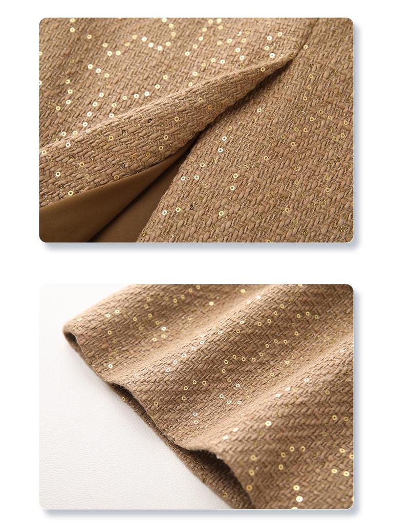 2024 Women's Yellow Sequined Tweed Midi Skirt – Autumn/Winter Straight Bodycon