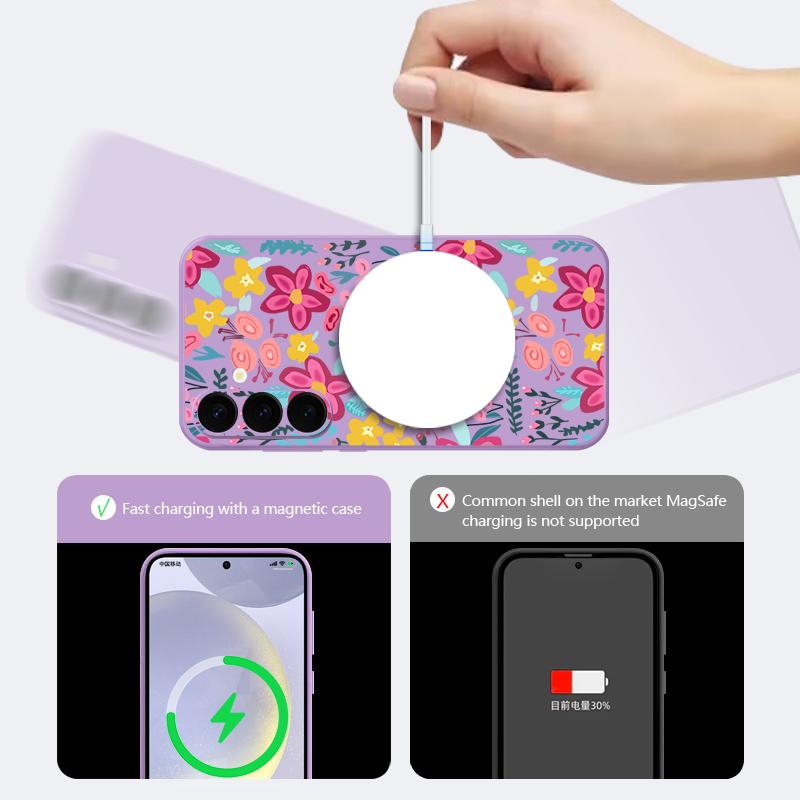 Custodia Rosa con Fiore Cartone Animato Per Samsung Galaxy S26 S25 Ultra S24 S23 FE S22 Plus S21 Piatto Metallico Integrato Cover Magnetica in Silicone