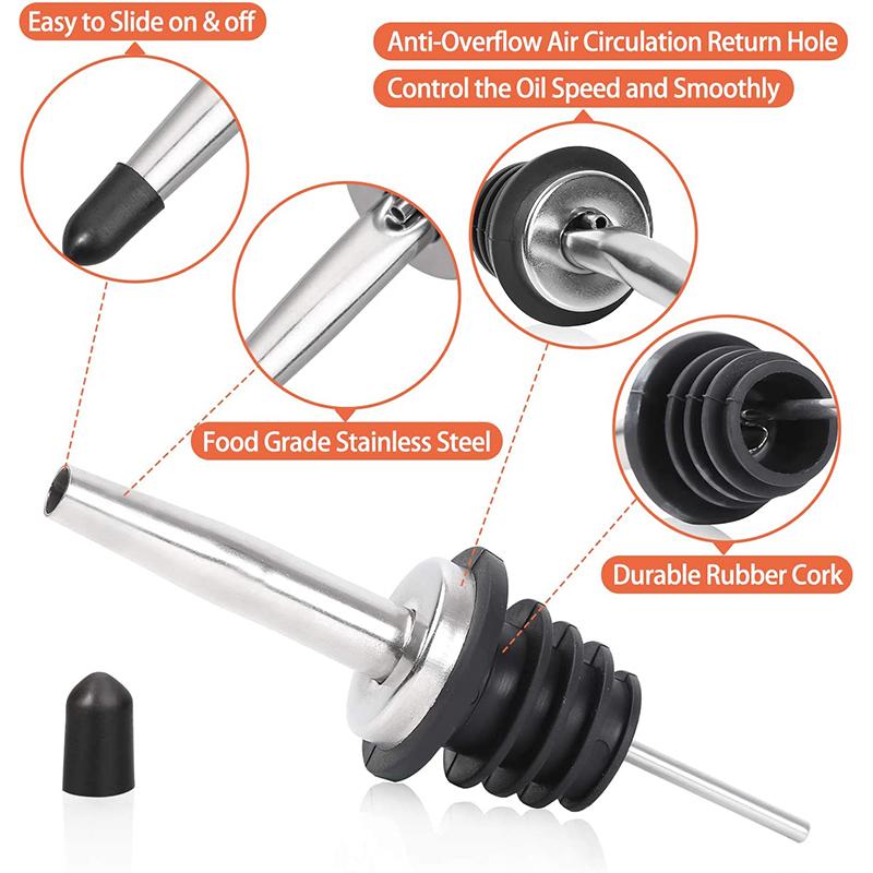 Stainless Steel Classic Bottle Pourers Liquor Pourers with Rubber Dust Caps Olive Oil Spout Speed Pour Spouts JT68
