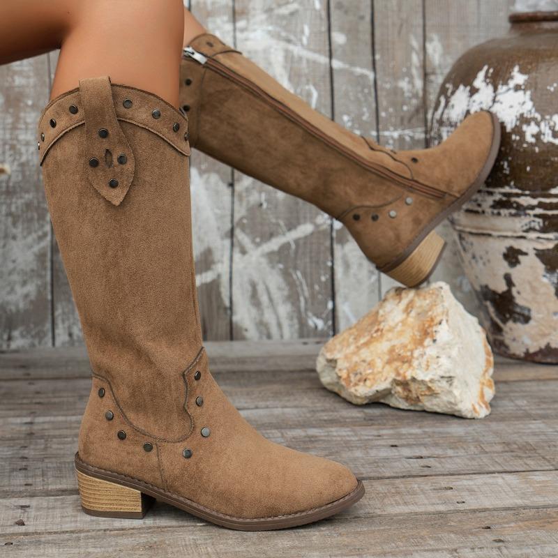 Retro Pointed Rivet Western Cowboy Boots Large Size Thin V-mouth Suede Side Zipper Fashion Boots