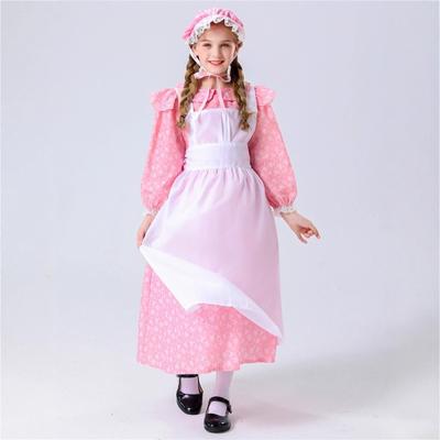 Cadılar Bayramı Avrupa Ortaçağ Çiftlik Pastoral Hizmetçi Kostümü Kız Pembe Çiçekli Elbise Küçük Kız Performans Kostümü