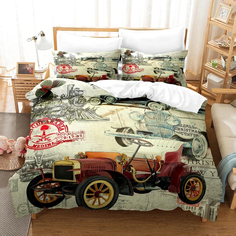 3D Vintage Car Including Duvet Cover Set With Pillowcases Microfiber 2/3Pcs Cool Sports Car Bed Comforter Set For King Bedding