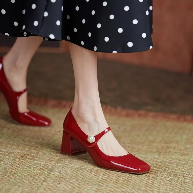 Fashion Retro Thick Heel Leather Pearl Buckle Mary Jane Shoes Ladies Designer Soft Sole Women's High Heels Fashion Casual Pumps Ladies