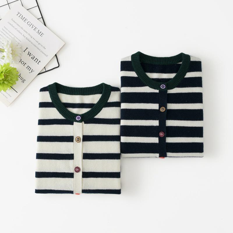 Women's Black & White Striped Single-Breasted Retro Knit Cardigan Sweater