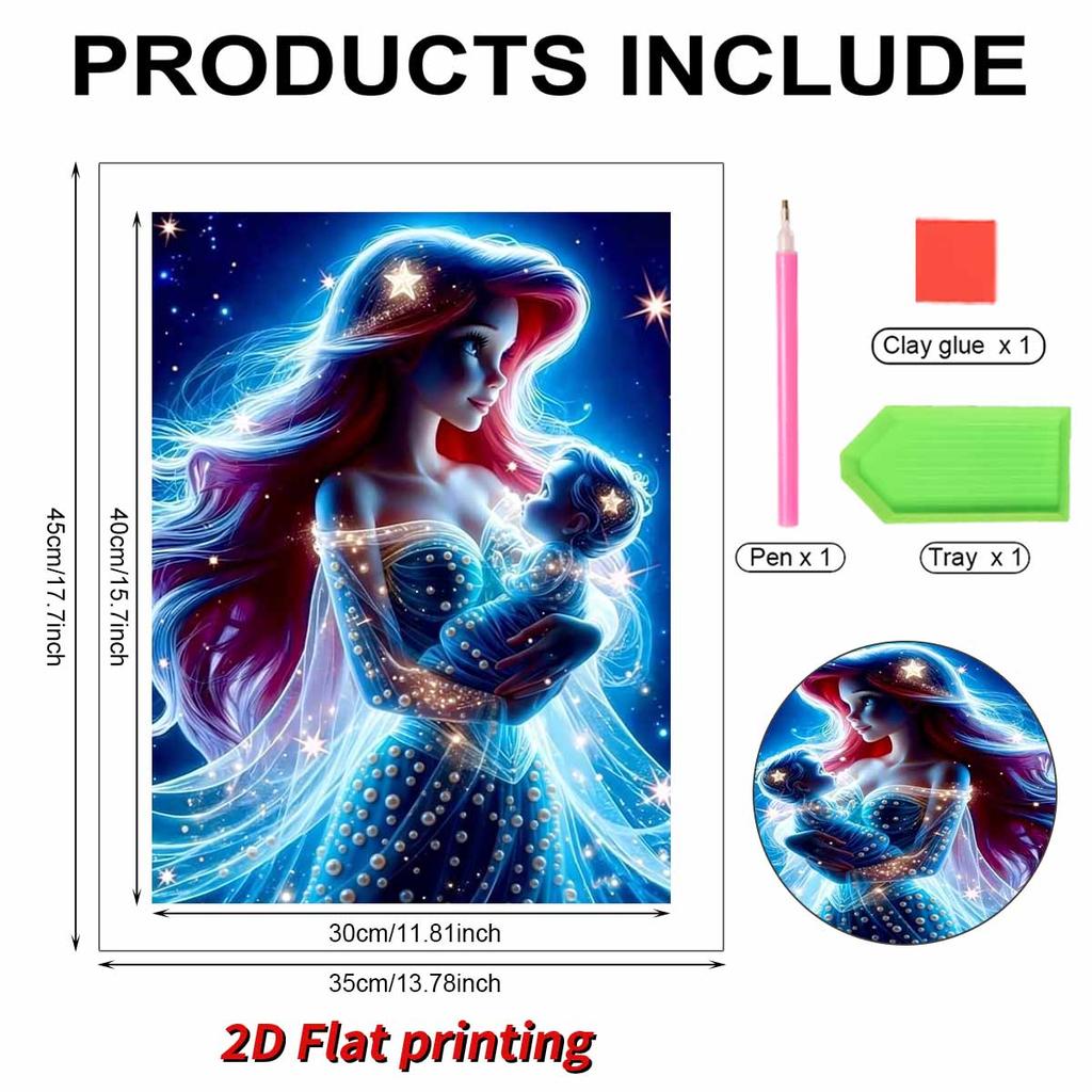 Pearl Inlaid Ariel Holding Baby Craft Painting Parent-child Theme Fantasy Starry Sky Starlight Element Handmade Art Painting