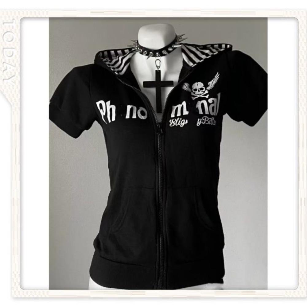 

Y2K Subculture Skull Print Zip Cardigan Short Sleeve Women Japan Slim Fit Striped Hoodie Casual Tops Fashion Streetwear Clothes S чорний
