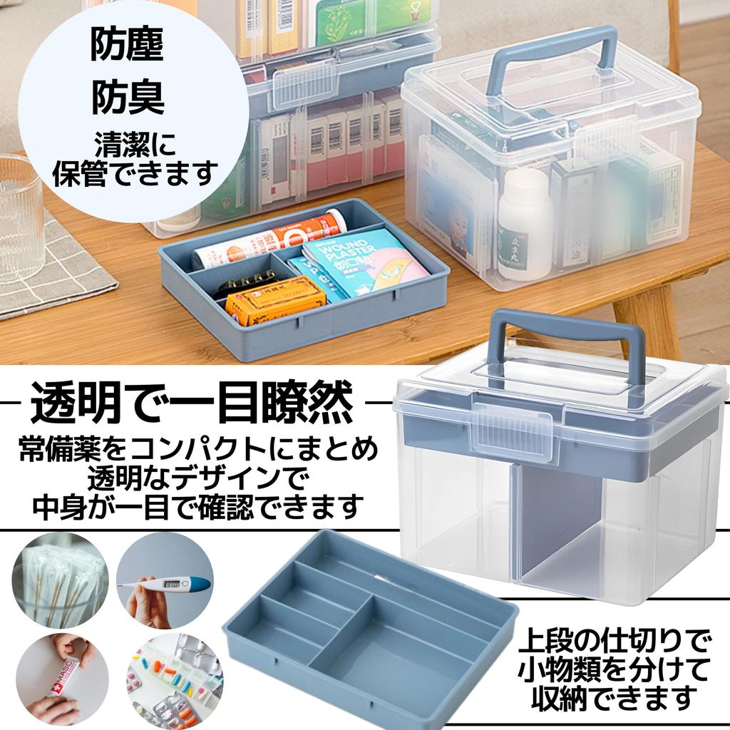 East Leaf First Aid Kit, Medicine Box, Medicine Case, Storage Box, Large Capacity, Stylish, Transparent, with Handle (Blue, Small)