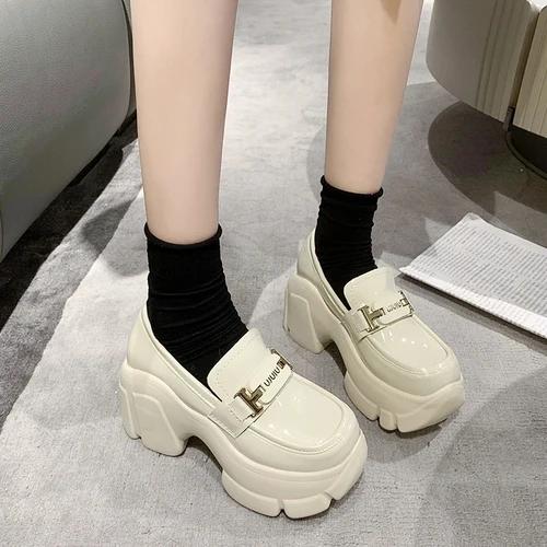 fashion Women Platform Leather Sneakers 2024 Spring Autumn British Style Chunky Shoes Woman 8CM High Heels Ulzzang