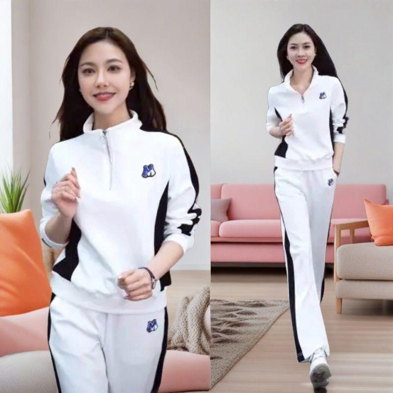Casual Sports Suit Women's Spring and Autumn Fashion Western Style Slimming Stand-up Collar Sweater Wide-leg Pants Two-piece Suit