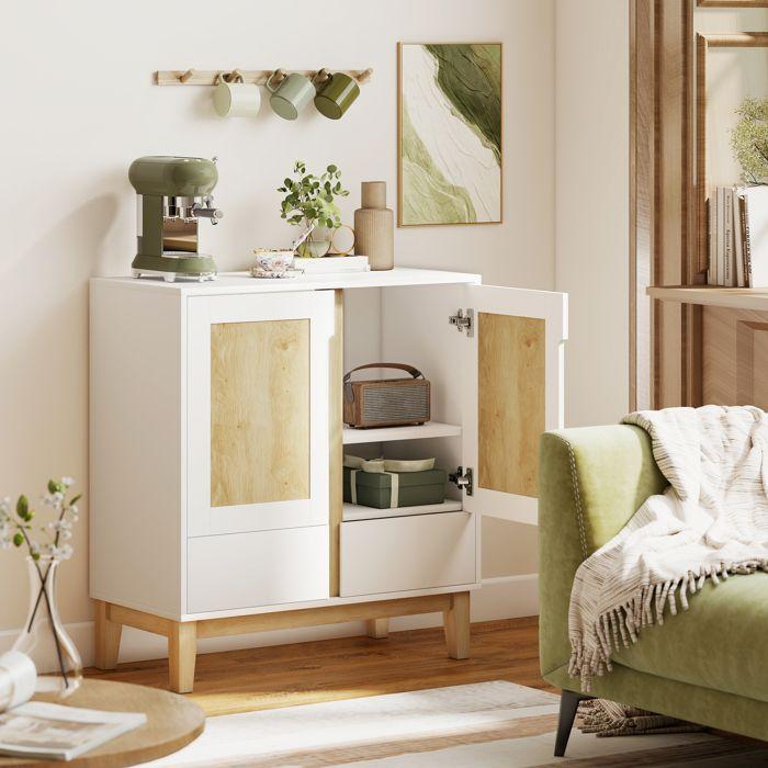 Buffet - HOMCOM - 2 portes, 2 tiroirs et étagère réglable, pieds en bois de caoutchouc - style nordique - 80 x 40 x 86 cm - blanc