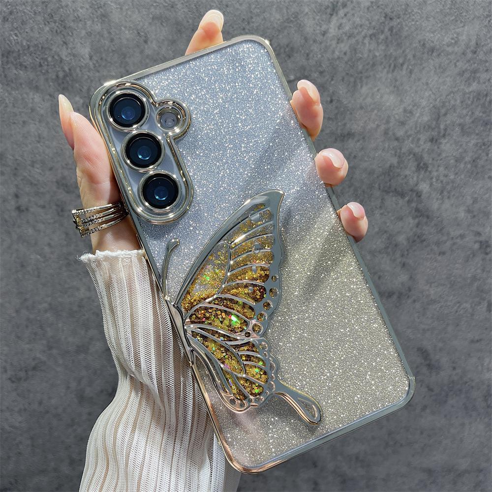 Shiny Glitter Armor Plating Transparent Phone Case For Samsung Galaxy S24 Ultra Plus S24Plus S24Ultra Butterfly Cover