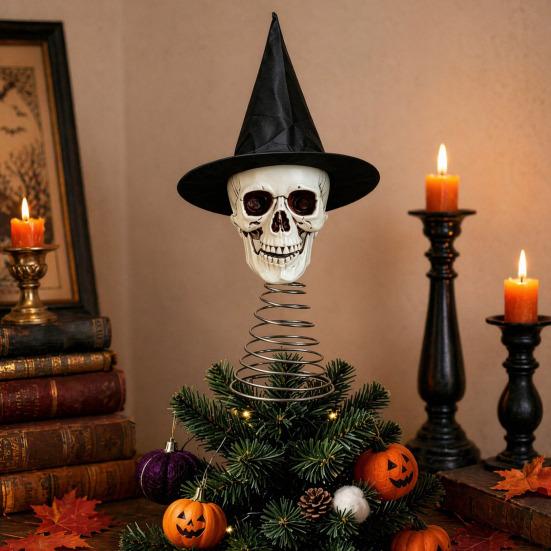 Distressed Resin Skull Topper Halloween Witch Hat Tree Topper, Gothic Skeleton Figurine for Versatile Party Decor, Spooky Festive Home Ornament, Trick