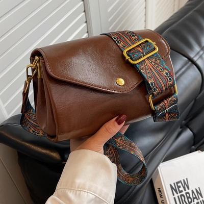 Women PU Leather Solid Color Messenger Bags Vintage Wide Strap Flap Shoulder Crossbody Bag MIT