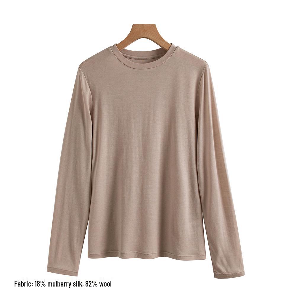 2025 Autumn Slimming Round Neck Silk Wool T-Shirt - Warm, Skin-Friendly, Solid Color