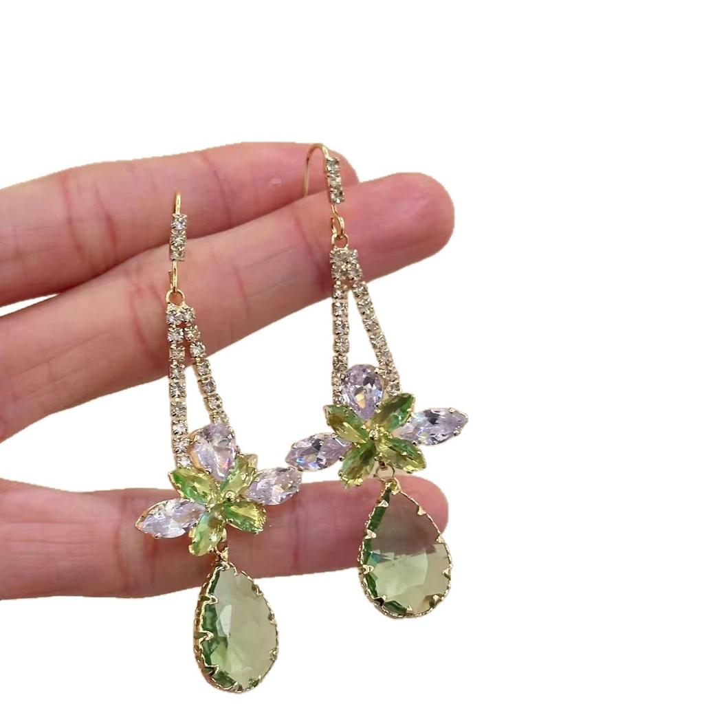 "Green" New Chinese Retro Green Flower Water Drop Fringed Earrings High-end Light Luxury Temperament Earrings