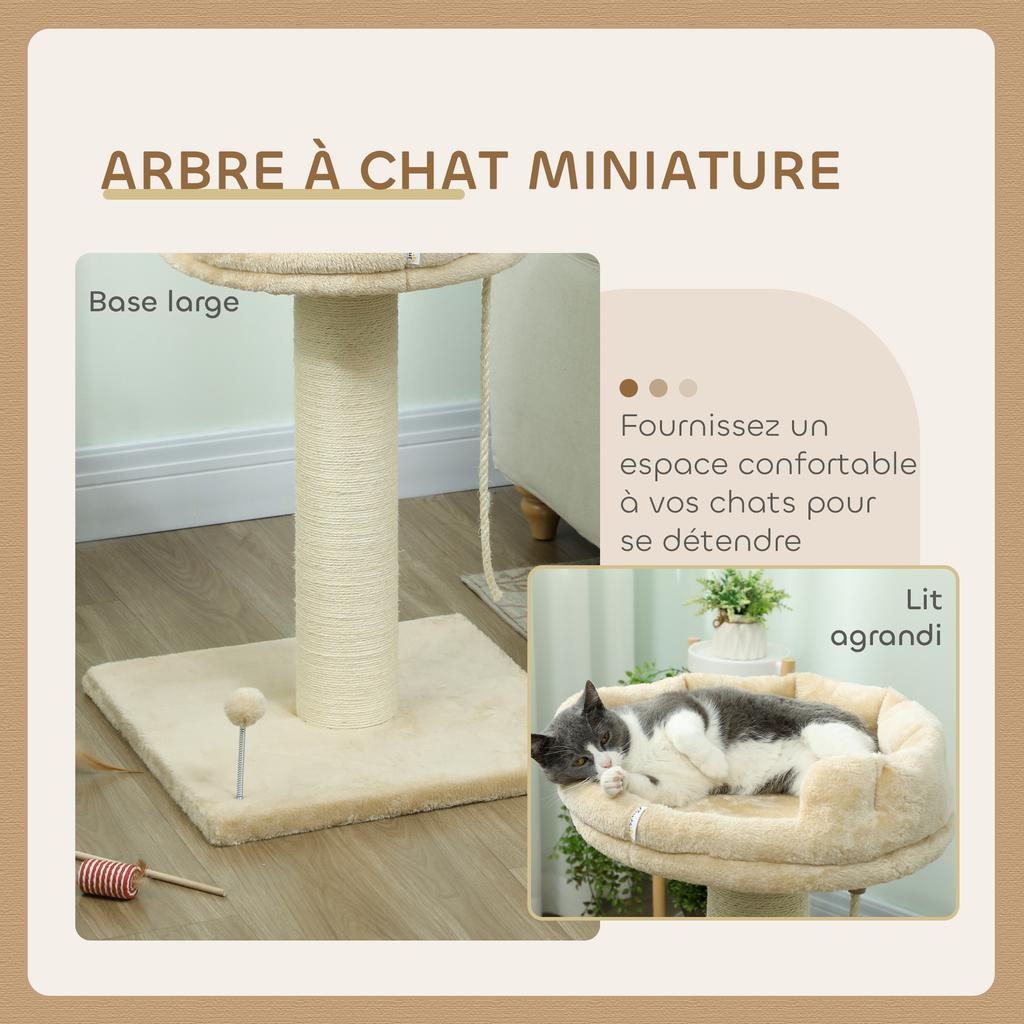 Cat Tree Scratcher Design Hanging Ball and Cord Toy + Plush Platform - 55 x 55 x 83 cm - Beige Sisal