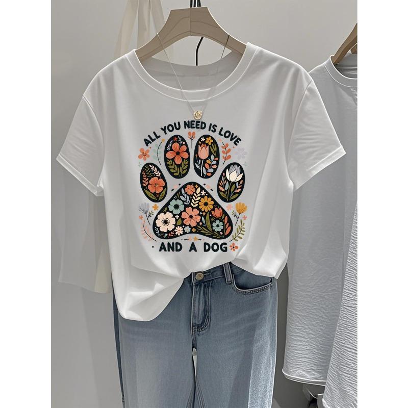 

Summer New, Heart Dog Flower Pattern T-Shirt Print T-Shirt, Women S Casual, Vacation, Short-Sleeved Round Neck, Spring and Summer, S белый