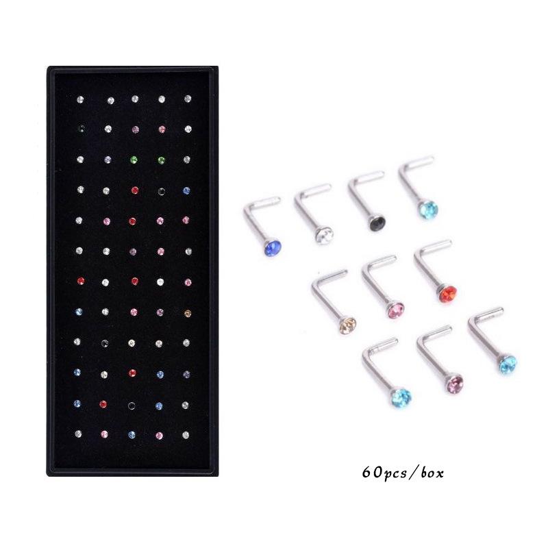 60pcs 1.8mm Stainless Steel Rhinestone Nose Studs & Ear Cartilage Jewelry