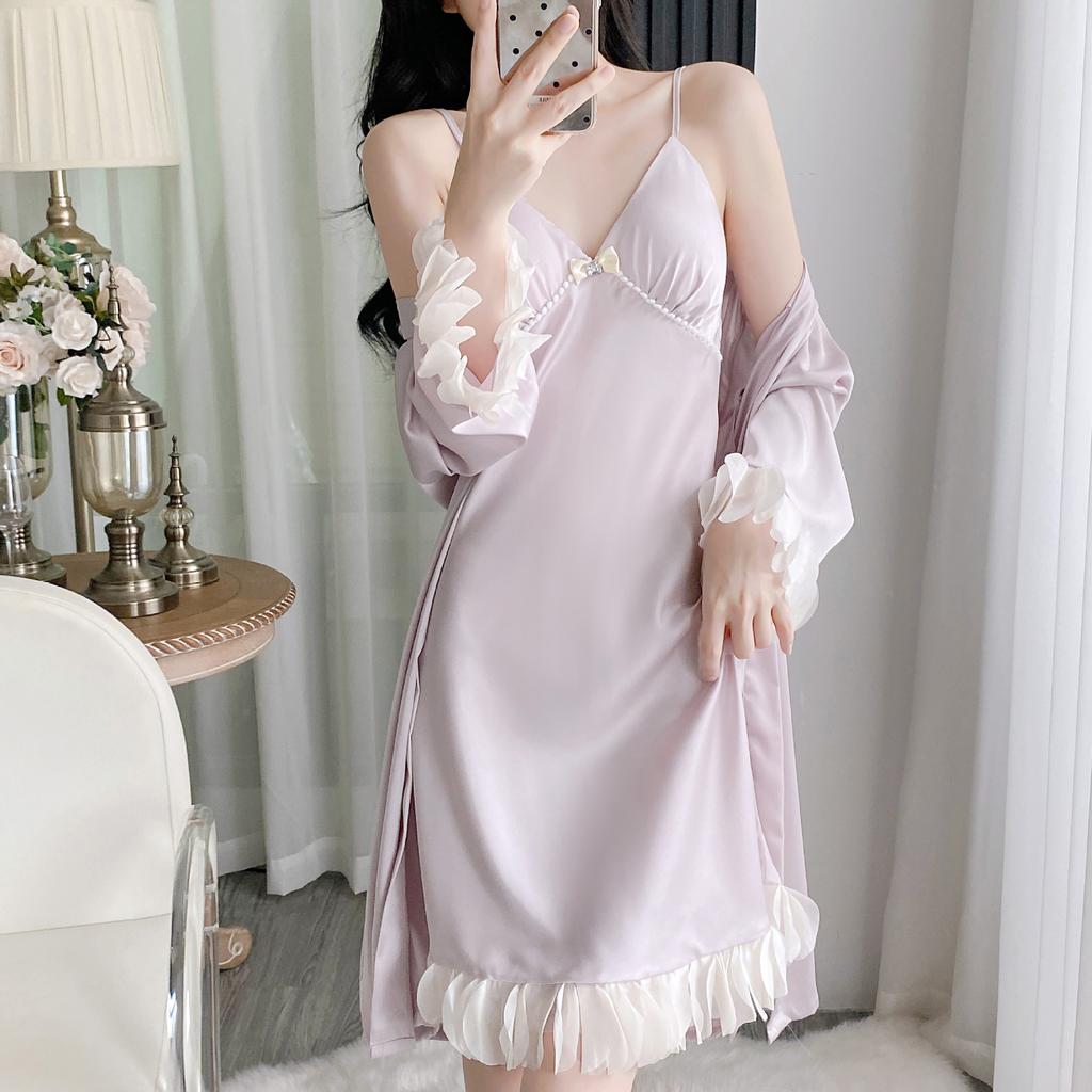 Internet celebrity live female summer new nightgown two-piece ice silk nightgown sexy imitation silk pajamas thin with chest pad