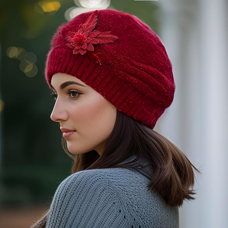 2025 Decor Floral Căciulă Largă cu Dungi Elegantă Căciuli Culoare Solidă Elastică Berete Calde pentru Femei Toamnă & Iarnă