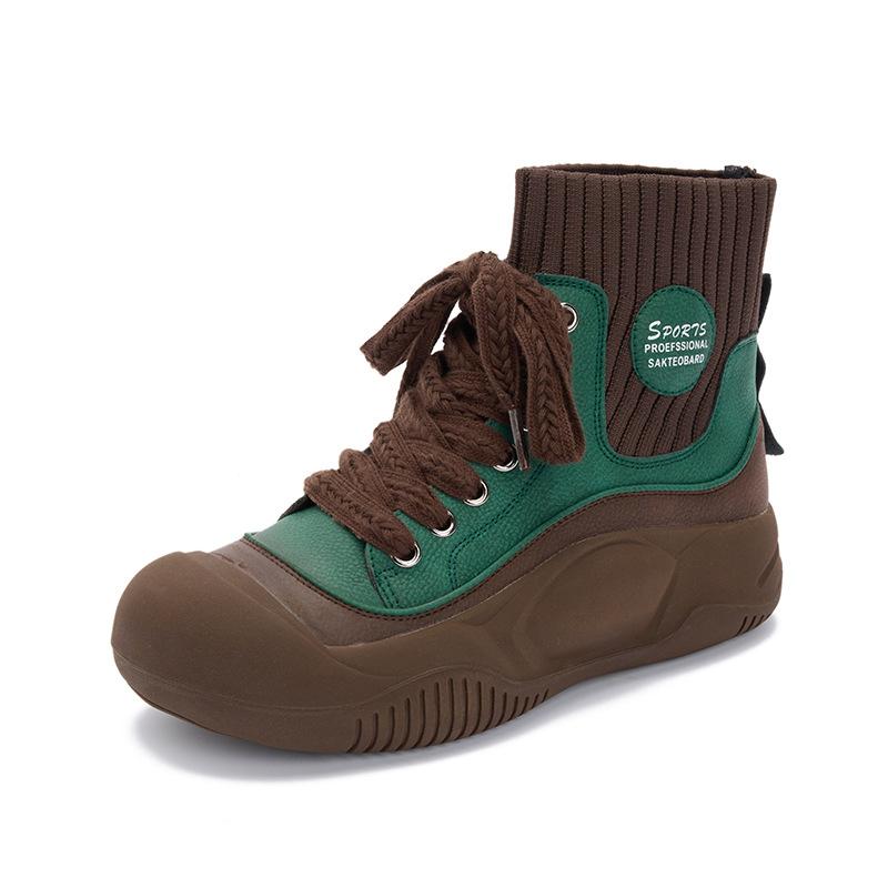 

Ретро кроссовки для пап женские 2025 осень и зима новая эластичная вязаная обувь средней длины повседневная популярная обувь с высоким верхом детская универсальная 40 зелёный