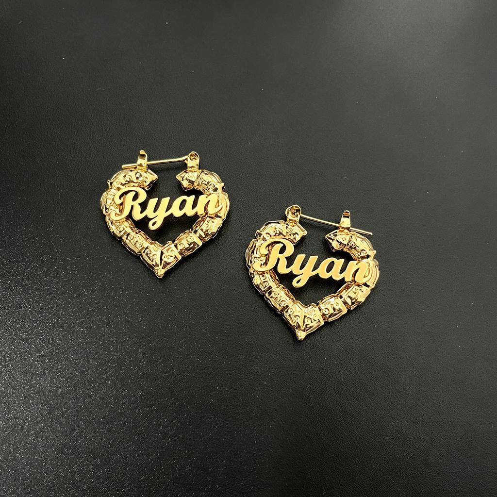 Personalized 18k Gold Plated Name Bamboo Hoop Earrings Stainless Steel 30mm 50mm 70mm 90mm Custom Heart Hoops Party DIY Gift