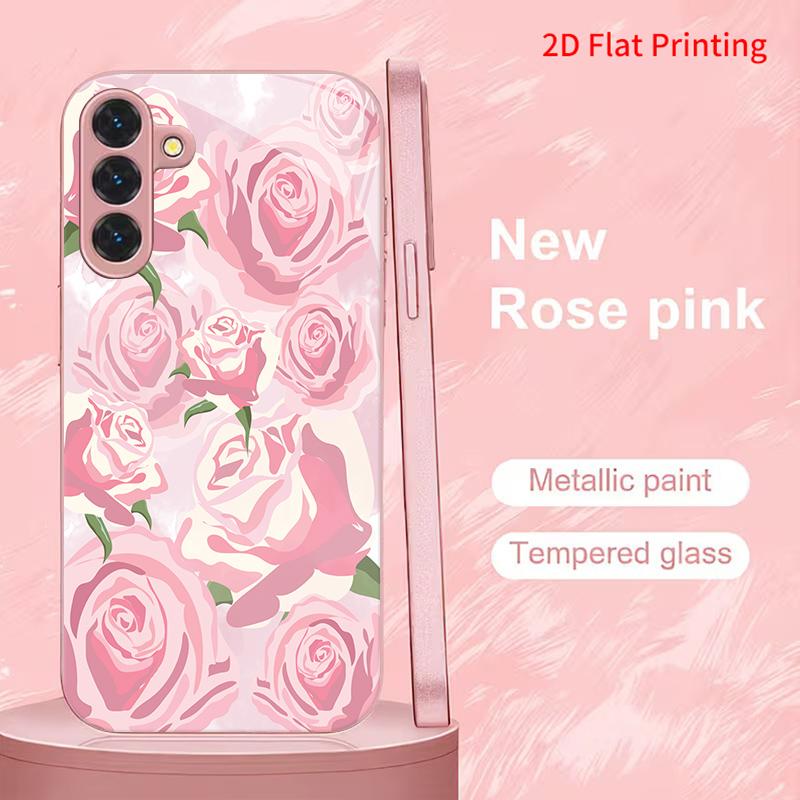 2DFlat Samsung electroplated tempered glass phone case,Pink Roses Pattern Phone CaseSuitable for Galaxy S26 S23 S24FE S25ULTRA S22 S21