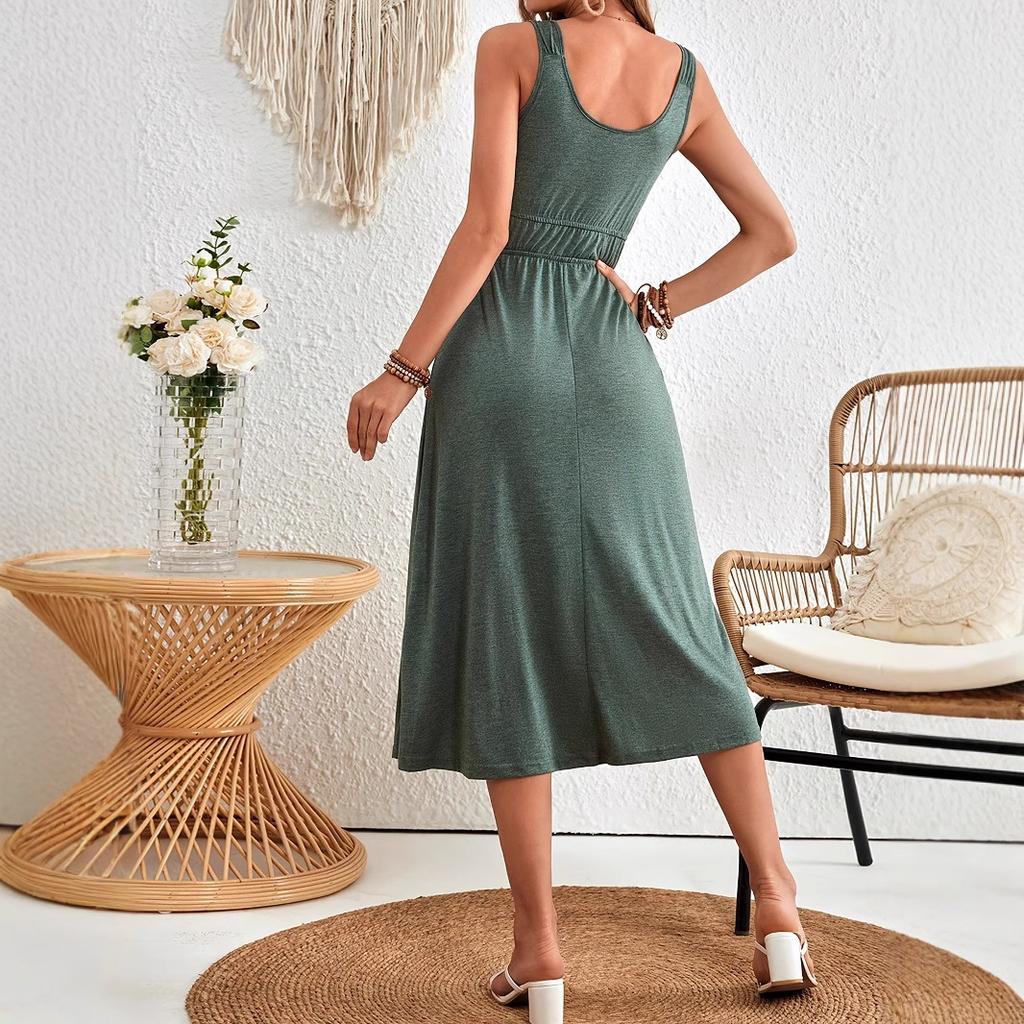 Women Summer Casual Sleeveless Solid Color Holiday Beach Dress