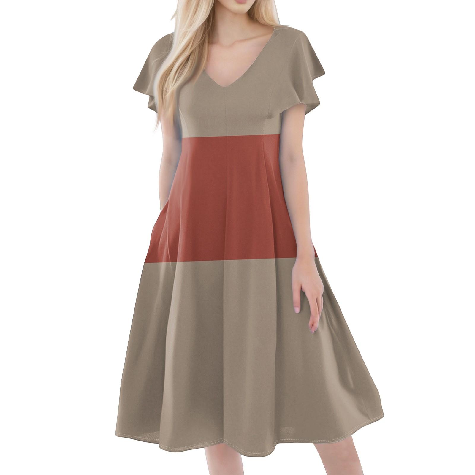 

Женское повседневное модное платье с V-образным вырезом, короткими рукавами, принтом и карманами L хаки