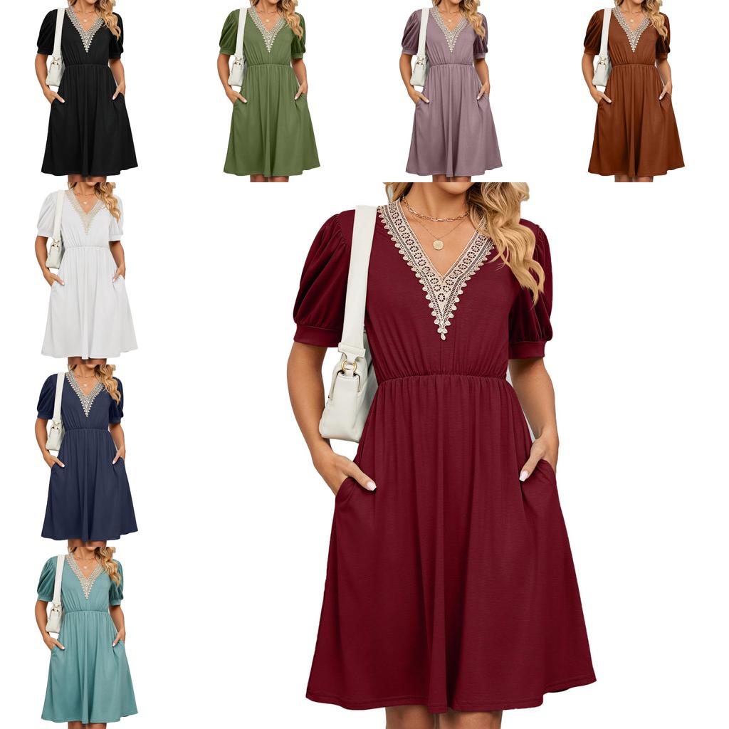 Städtisches Stilkleid mit Taschen und V-Ausschnitt für den Frühling, Freizeitkleidung
