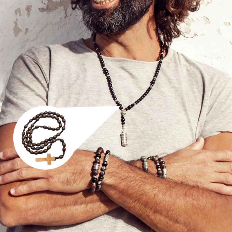 Elegant Necklace Wood Grains Rosary with Natural Beads and Crucifix Spiritual Jewelry for Devotion Meditations