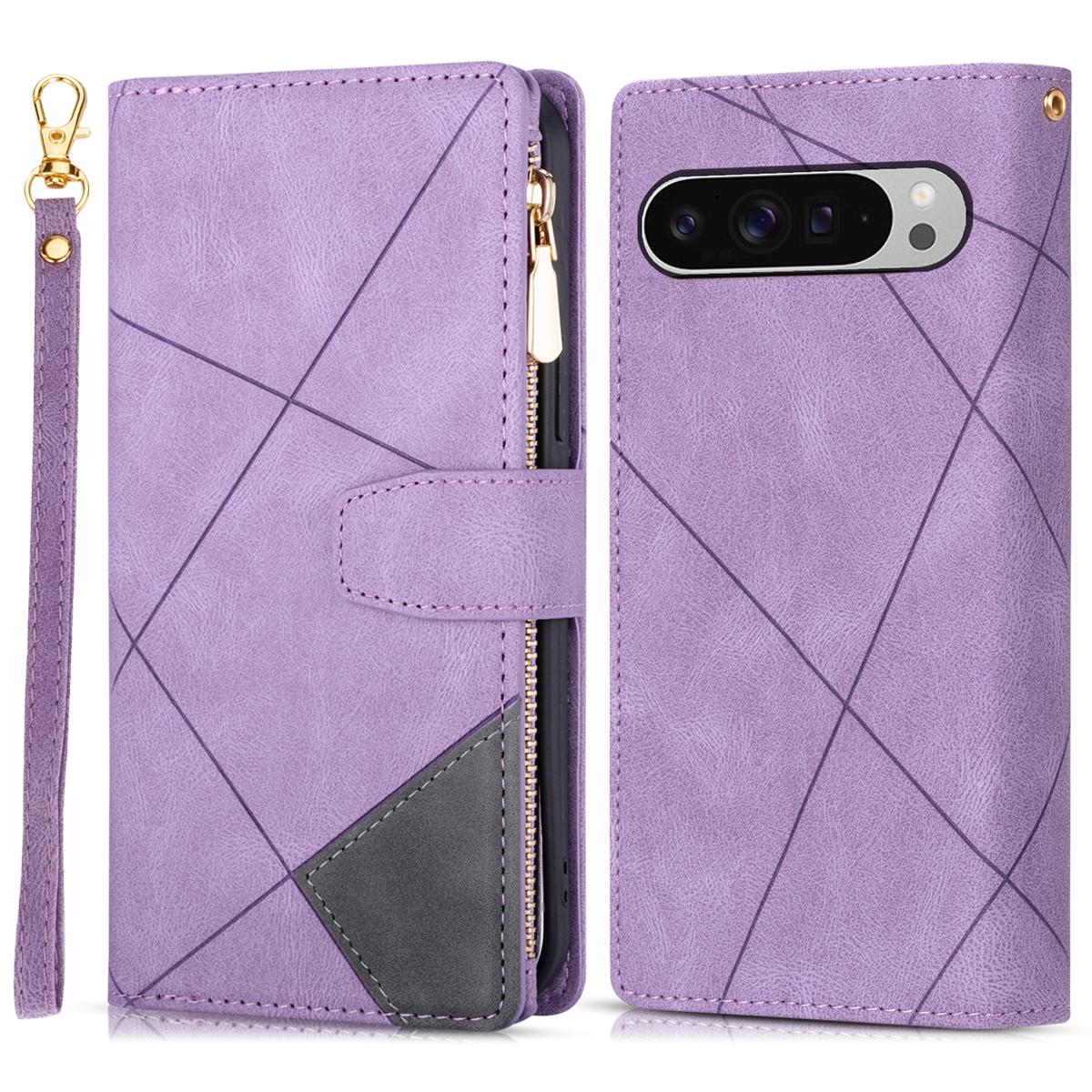 

For Google Pixel 9 Pro XL Wallet Case Color Splicing Leather Phone Cover with Stand Purple