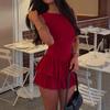 Vestido Mini Rojo Sólido Sin Mangas para Mujer Primavera Verano Dobladillo Escalonado con Volantes Vestido de Fiesta Bodycon