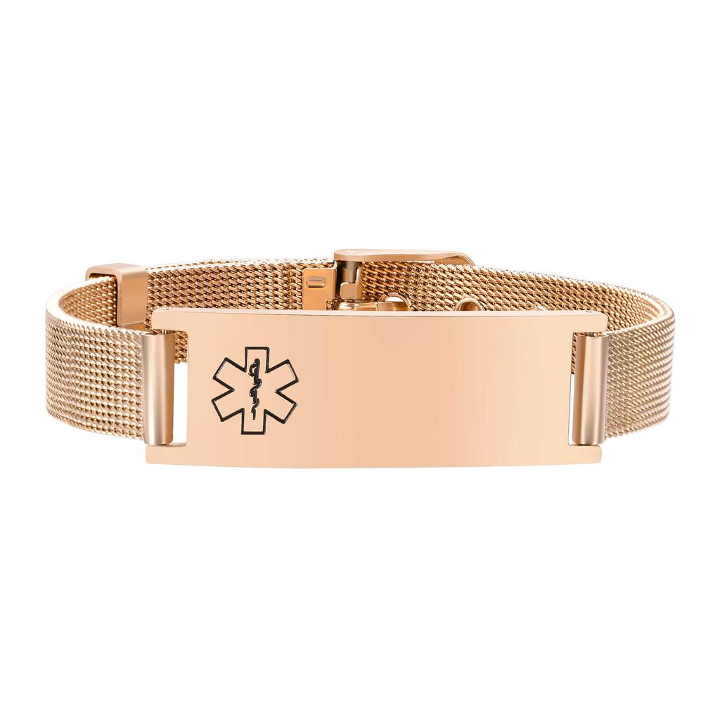 Free Personalized Medical Alert ID Bracelets for Men, Waterproof 10mm/16mm Wide Stainless Steel Mesh Band Wristband ICE Jewelry