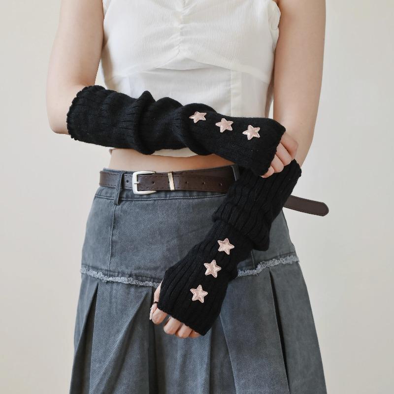 Y2K Star Gloves for Women Girls Japanese Harajuku Sweet Lolita Arm Sleeves Autumn Winter Arm Warmers Knitted Mittens Accessories
