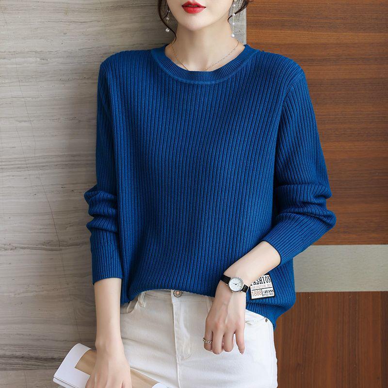 

Plus-size Sweater Women s Loose Round-neck Pullover Casual Long-sleeved Solid-color Knitted Sweater Autumn and Winter Top S