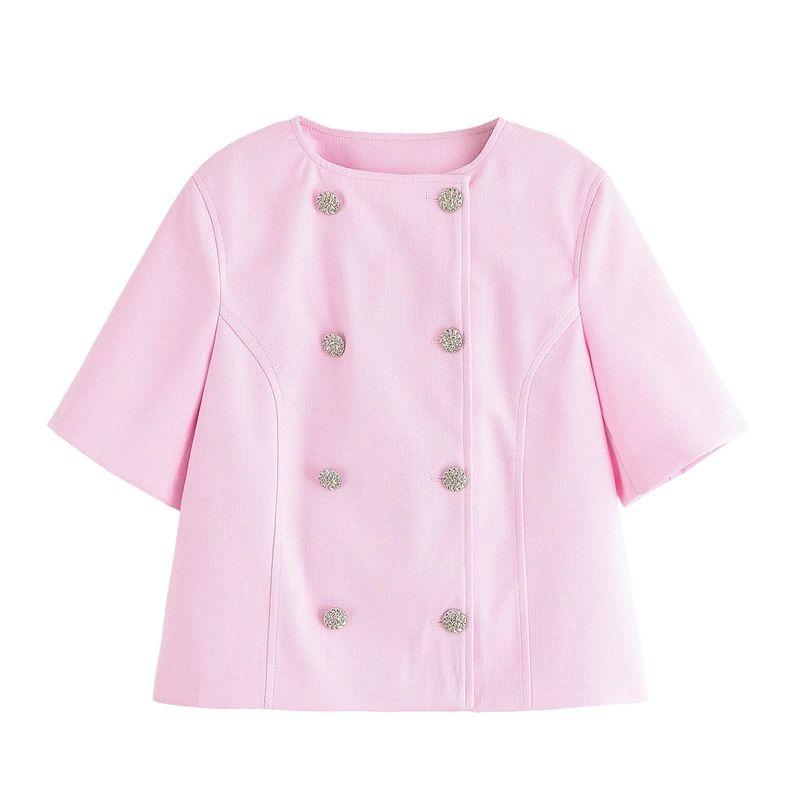 Short Sleeve round Neck Double Breasted Decorated Row Button Tops 2902835 High Waist Straight-leg Minimalist Casual Pants 2899835