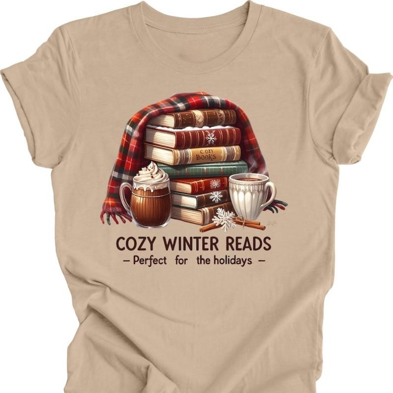 

Cozy Winter Reads Unisex Cotton TShirt Christmas Holiday Crew Neck Casual Fashion Breathable Vintage Clothes Graphic T Shirts S