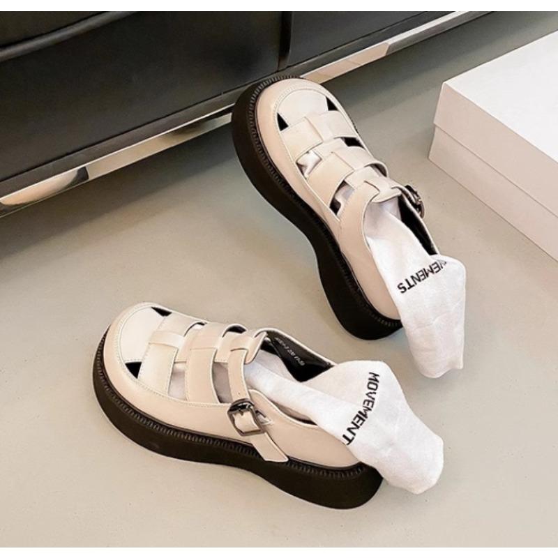 Summer Genuine Leather Thick-soled Mid-heeled Sandals Casual Comfortable Women's Shoes Hollow Pig Cage Women's Sandals