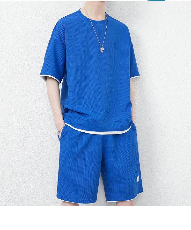 Męski letni waflowy dres casualowy z lodowego jedwabiu - koszulka z krótkim rękawem i zestaw sportowy, dostępny w dużych rozmiarach