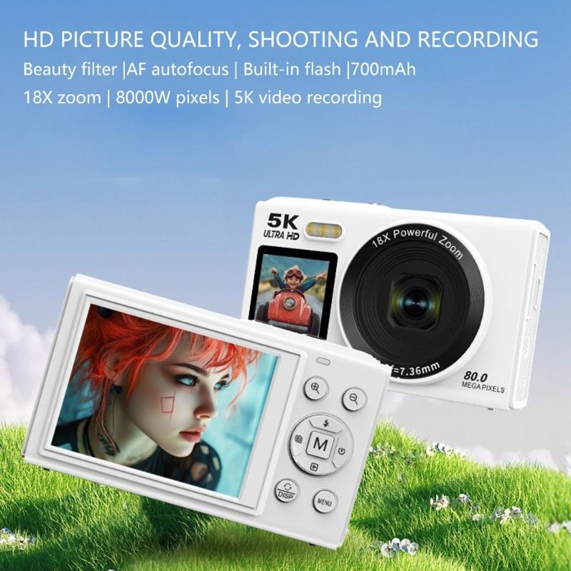 5K Double Screen Digital Camera 80MP High Resolution 18X Digital Zooming WiFi Streaming Builts in Flashing for Photography Beginners